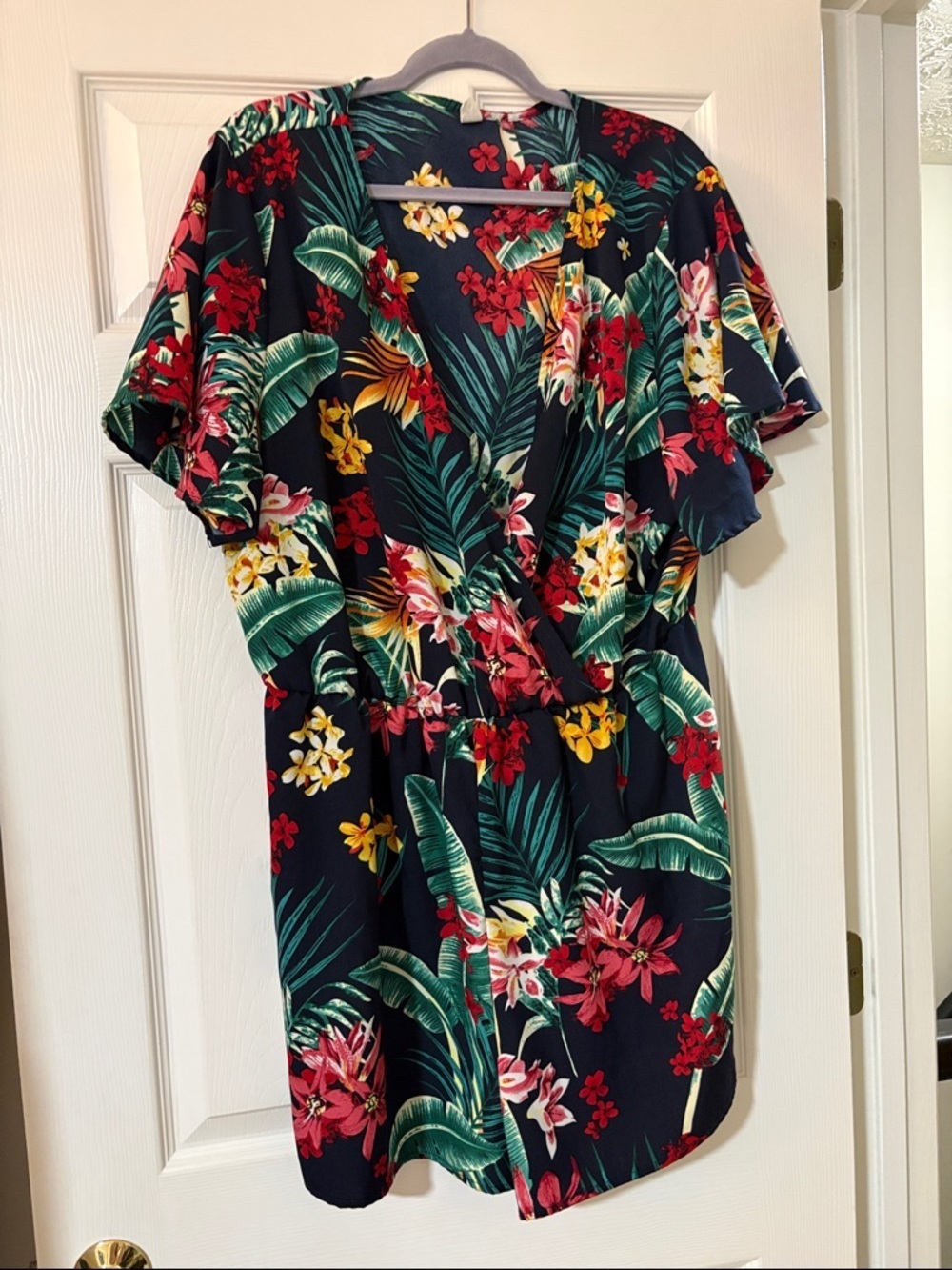 Floral Wrap Mini Romper in Navy with Red & Green Print 3X